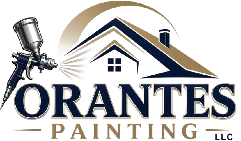 Orantes Painting LLC logo featuring a paint spray gun on the left, a house with a peaked roof in the center with gold and navy blue accents, and the company name Orantes Painting LLC in large navy and gold text. The logo conveys professionalism and trust for a residential painting service.